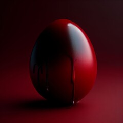 Dark red Easter egg doused with paint isolated on a dark red background. Easter holiday concept in minimalism style. Fashion monochromatic composition. Web banner with copy space for design.