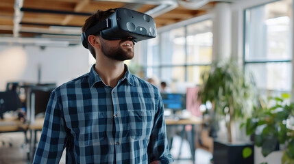 Photograph of one man working in an office wearing a VR headset.