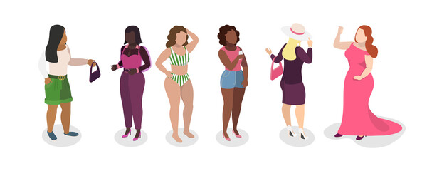 3D Isometric Flat  Set of Plus Size Style Girls, Pretty Plump Women with Curvy Figures