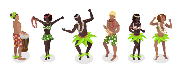 3D Isometric Flat  Set of Hawaiian Dancers, Characters in Polynesian Costume © TarikVision