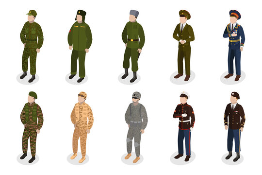 3D Isometric Flat  Set of Military People, Characters in Uniform