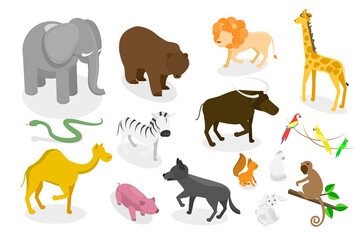 3D Isometric Flat  Set of Zoo Animals, WildLife Collection