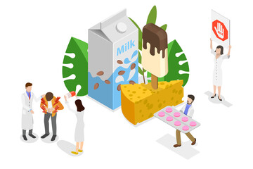 3D Isometric Flat  Conceptual Illustration of Lactose Intolerance, Poor Lactose Digestion