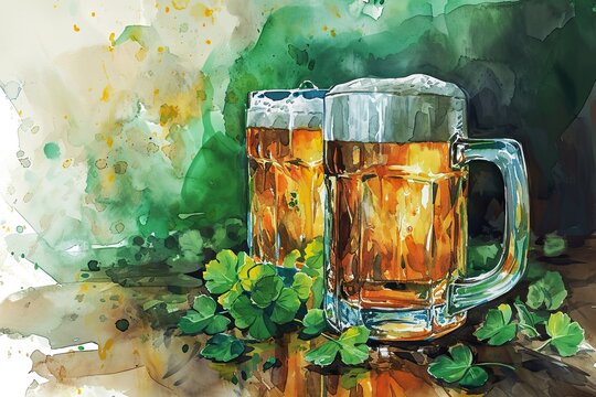 Patrick's Day background with mug beer and shamrock watercolor illustration