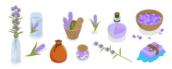3D Isometric Flat  Set of Lavanders Products, Flowers and Cosmetics