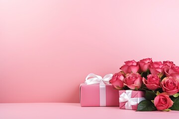 pink roses and gift box with generative ai