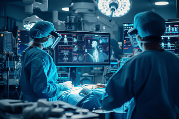 
Collage of various AI technologies being used in a surgical setting, such as robotic arms, computer screens displaying AI algorithms, and surgeons consulting AI interfaces