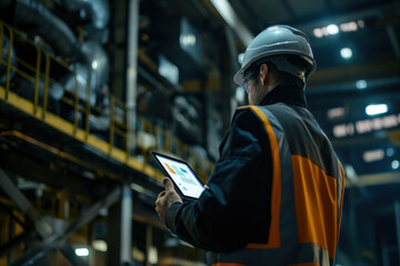 Heavy industrial equipment operator uses tablet for work in plant