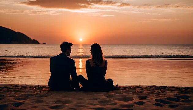 Image of dusk on the beach with a couple sitting together on the sand, creating a romantic atmosphere by the sea, valentine's day concept