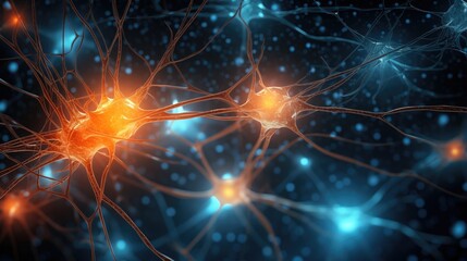 Glowing blue and orange synapses in human or futuristic medical science technology cyborg brain background