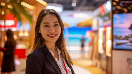 Young woman smiling at visitors at the travel and tourism expo