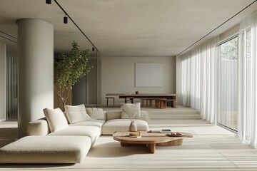 Fototapeta premium Minimalist living room interior with clean lines, neutral colors, and a focus on essential furniture, excluding any plant elements
