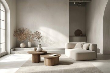 Minimalist living room interior with clean lines, neutral colors, and a focus on essential furniture, excluding any plant elements