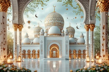 Elegant 3D Mosque Gold-Accented Crescent Ornaments - obrazy, fototapety, plakaty