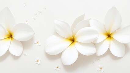 Fototapeta na wymiar Beautiful Plumeria flowers on white surface