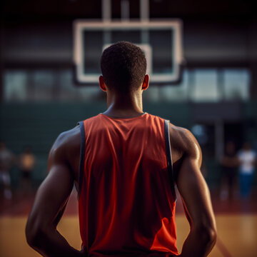 Close up image from behind a basketball player