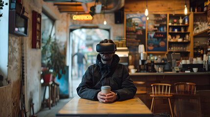 Photograph of one man in a coffee shop wearing a VR headset.