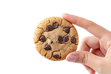 woman's hand holding a chocolate chip cookie isolated on a transparent background