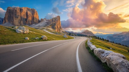 Mountain road and sunset