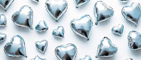 Mockup of silver hearts shaped on white. Flat lay. Top view. View from above. Valentine's Day. Holidays background. Generative Ai