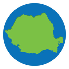 Romania map. Map of Romania in green color in globe design with blue circle color.