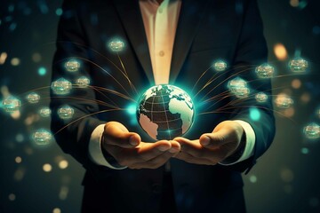 Businessman with virtual global currency symbols in hand.