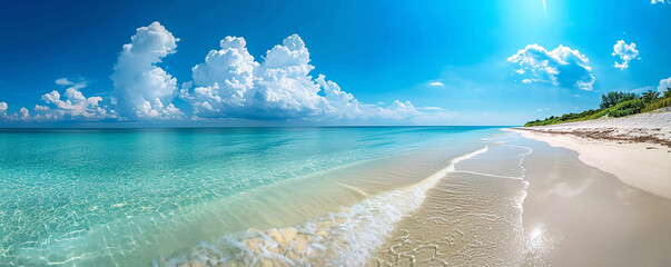Wide-angle shot of a tranquil beach with white foam on the shore, vivid turquoise waters, and...