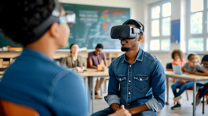 Photograph of one man in a school classroom wearing a VR headset. - obrazy, fototapety, plakaty