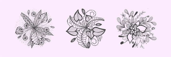 Set of black abstract flowers on a purple background