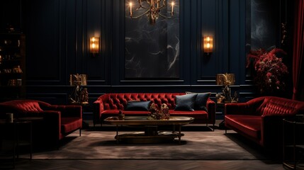 An opulent lounge featuring rich red velvet sofas, classic dark blue paneled walls, and warm ambient lighting, exuding luxury and timeless elegance. - obrazy, fototapety, plakaty