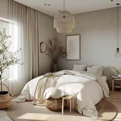 photo of interior design concept for a Scandinavian-inspired bedroom with a focus on simplicity and natural material. 3d render.