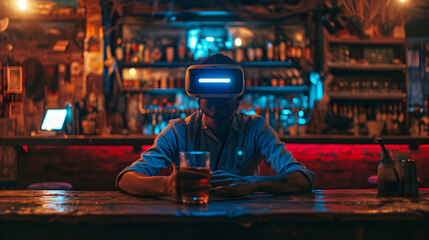 Photograph of one man at a bar having a drink wearing a VR headset.