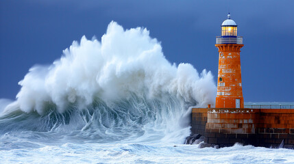 Obraz premium giant wave crashes against a tall orange lighthouse during a storm, with white foam and dark skies in the background