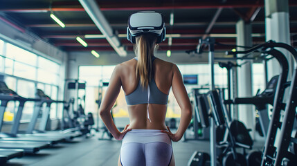 Photograph of one woman at the gym wearing a VR headset. - obrazy, fototapety, plakaty