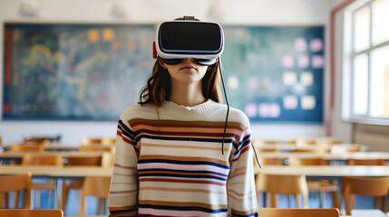 Photograph of one woman in a school classroom wearing a VR headset. - obrazy, fototapety, plakaty