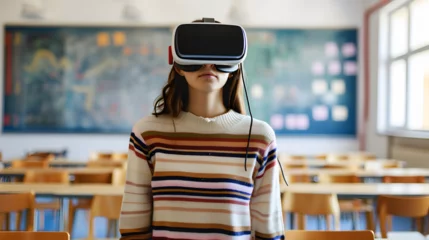 Foto op Canvas Photograph of one woman in a school classroom wearing a VR headset. © MadSwordfish