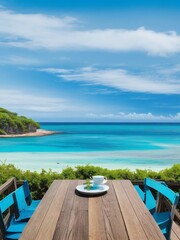 Image of Wooden table in front of blue sea and bright landscape