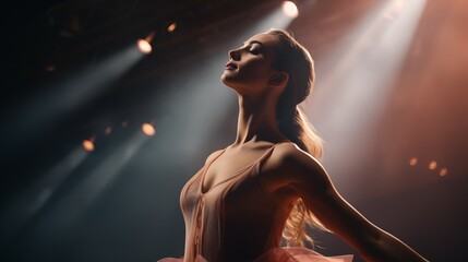 A ballerina on stage in the spotlight performs a Swan dance