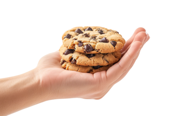 woman's hand holding a chocolate chip cookies isolated on a transparent background