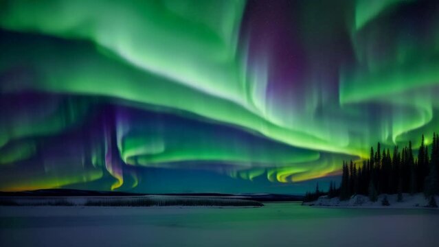 Beautiful brilliant aurora borealis sky at north. Epic natural northern lights shining. Night stars glow background. Nature beauty landscape. Nordic pole winter timelapse. Southern dancing ribbons.