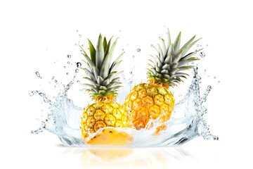 pineapples splashing with clear water isolated on white background