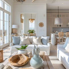 Coastal beach house interior with a nautical theme and light, airy colors. 3D render.