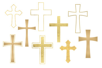 Set of gold religious crosses on a transparent background. Illustrations gold Christian cross. Catholic or orthodox symbol for Easter