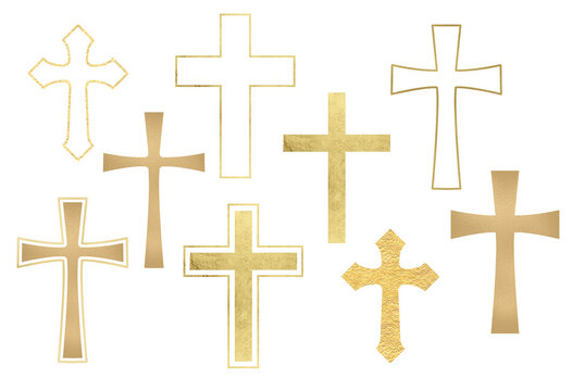 Set of gold religious crosses on a transparent background. Illustrations gold Christian cross. Catholic or orthodox symbol for Easter