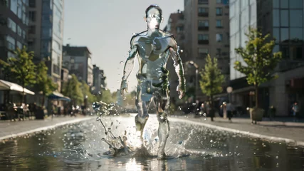 Foto op Plexiglas transparent man made of water walks through the city, water flows from him in drops © Sergey
