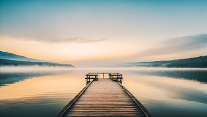 A straight flat simplistic rectangular, lake dock. beautiful sunrise, foggy. calm water. Nature relax wallpaper - obrazy, fototapety, plakaty