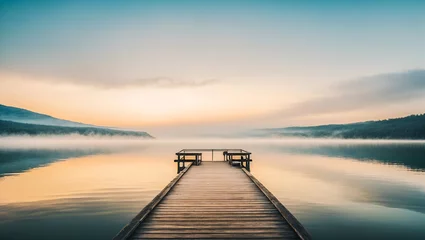 Foto op Plexiglas A straight flat simplistic rectangular, lake dock. beautiful sunrise, foggy. calm water. Nature relax wallpaper © Alanh