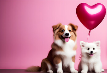 Cute two dogs sit next to a balloon with a cat on a pink background.
