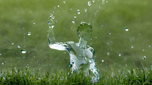 transparent man made of water walking on green grass, water flows from him in drops