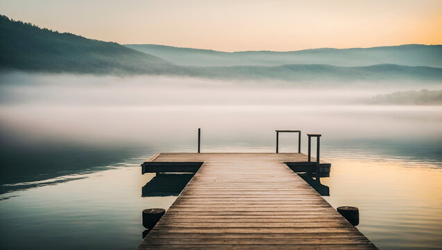 A straight flat simplistic rectangular lake dock. beautiful sunrise, foggy. calm water. Nature relax wallpaper. Ai Generated